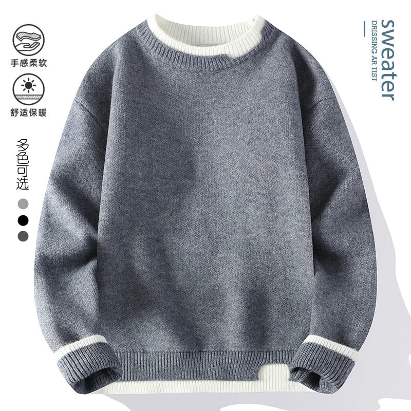Unisex Two-Tone Crew-Neck Knit Sweater Pink Beige Black Gray Khaki Blue
