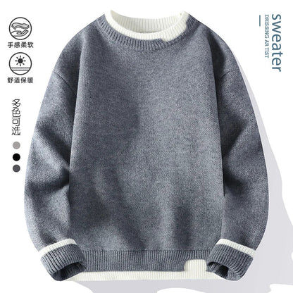 Unisex Two-Tone Crew-Neck Knit Sweater Pink Beige Black Gray Khaki Blue