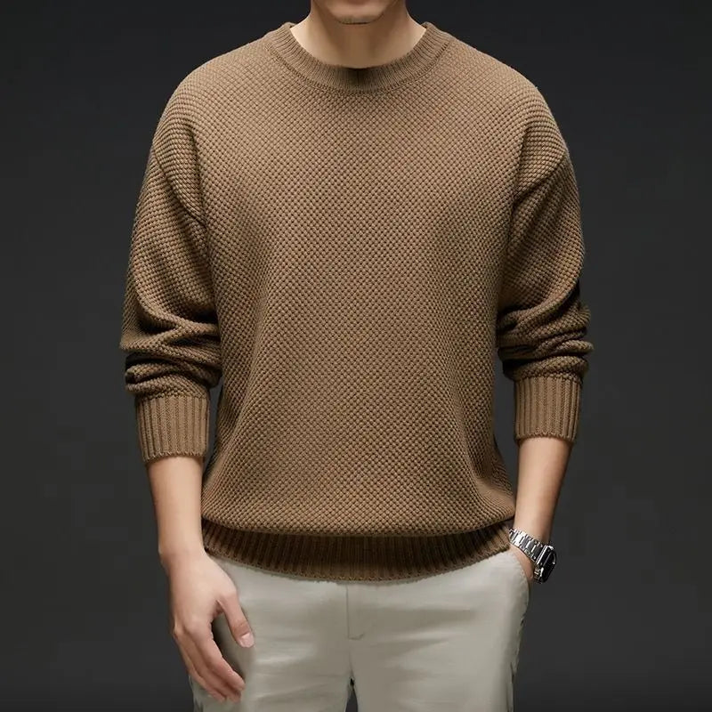 Herren Strickpullover Rundhals Grau Waffelstruktur
