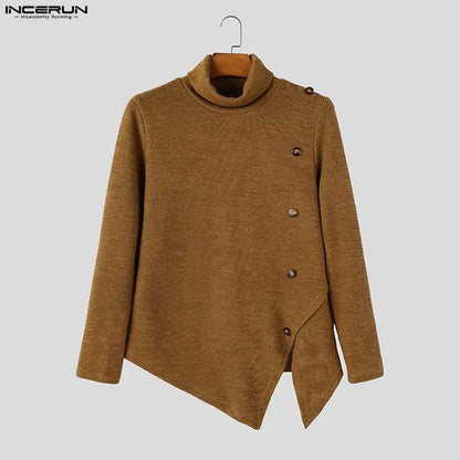 Men's turtleneck sweater, long sleeve, asymmetrical hem, buttons, rib knit, beige