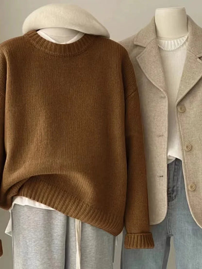 Ribbed crew-neck knit sweater, loose fit, multicolored