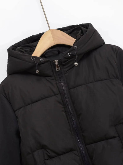 Women's Hooded Puffer Jacket with Long Sleeves - Cropped, Quilted