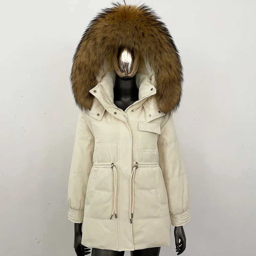Women's winter parka jacket with fur hood and drawstring waist