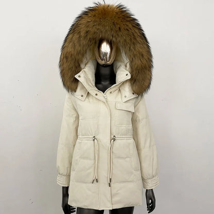 Women's winter parka jacket with fur hood and drawstring waist