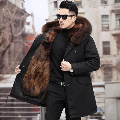Men's winter parka with removable faux-fur lining and hood