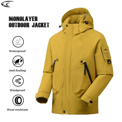 Unisex outdoor jacket with hood and zippered pockets, windproof and water-repellent