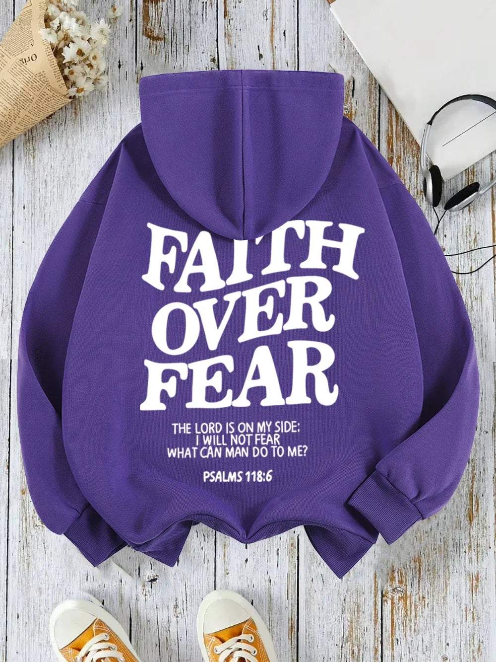 Hoodie with "Faith Over Fear" lettering and Bible quote, oversized hoodie