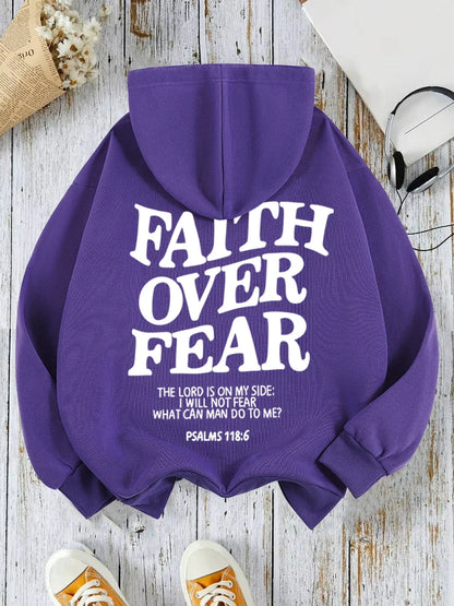 Hoodie with "Faith Over Fear" lettering and Bible quote, oversized hoodie
