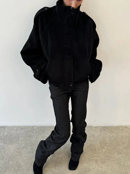 Short women's jacket with stand collar, gray and black, oversized