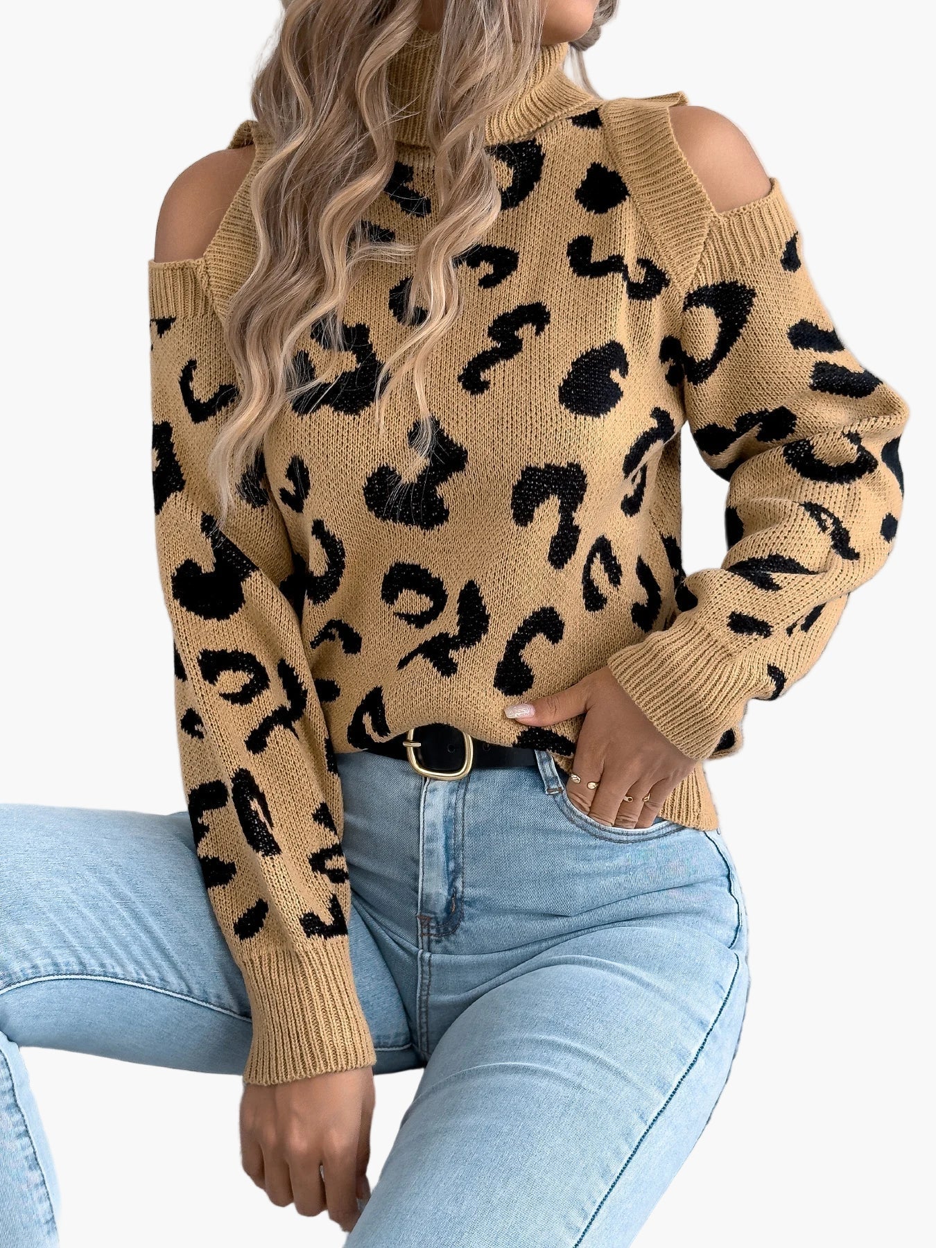 Damen Pullover mit Leopardenmuster und Cut-Out Schultern – Trendiger Freizeit-Strickpullover