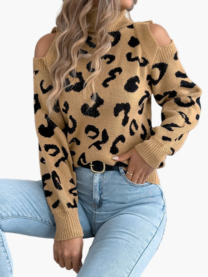 Damen Pullover mit Leopardenmuster und Cut-Out Schultern – Trendiger Freizeit-Strickpullover