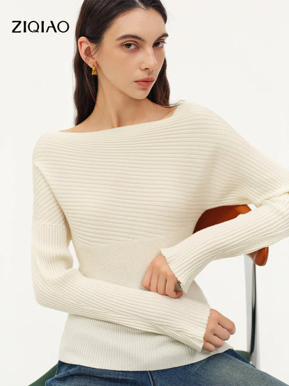 Women's Ribbed-Knit Long-Sleeve Boat-Neck Sweater Beige