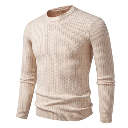 Men's knitted crew-neck cable-knit long-sleeve sweater