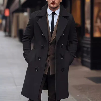 Herren Mantel Zweireiher Langer Trenchcoat Eleganter Wintermantel