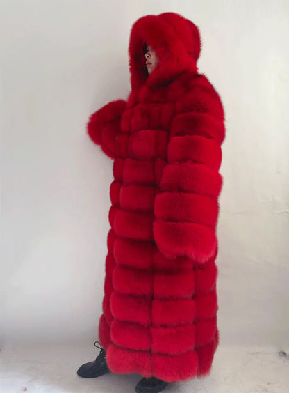 Women's long faux fur coat with hood - Black