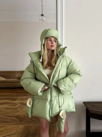 Damen Oversize Steppjacke mit Kapuze und Handschuhen