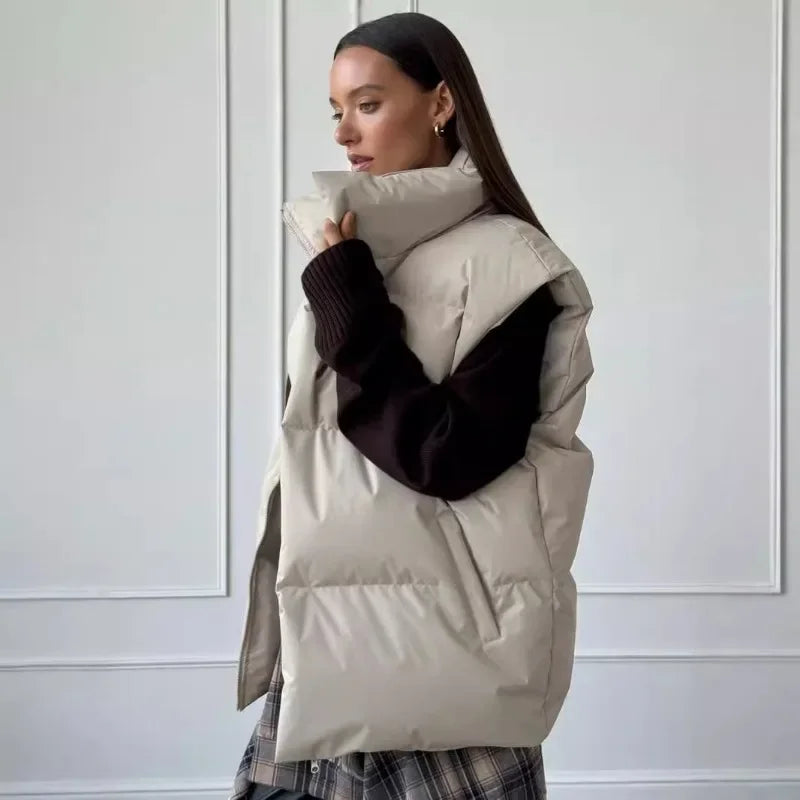 Women's Puffer Vest Stand-Up Collar Gray Black Apricot
