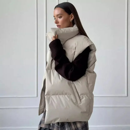 Women's Puffer Vest Stand-Up Collar Gray Black Apricot