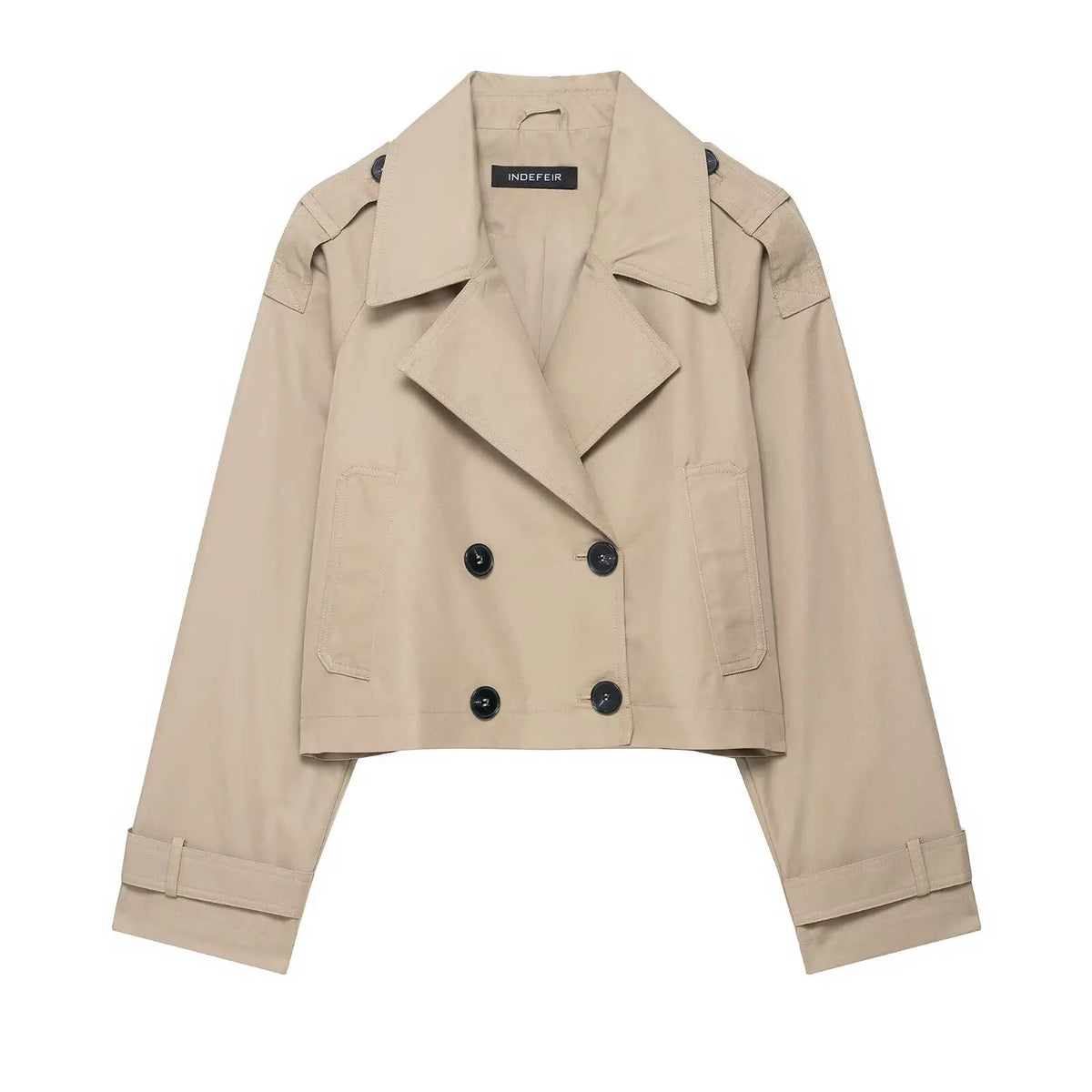Short women's double-breasted trench coat jacket with wide collar