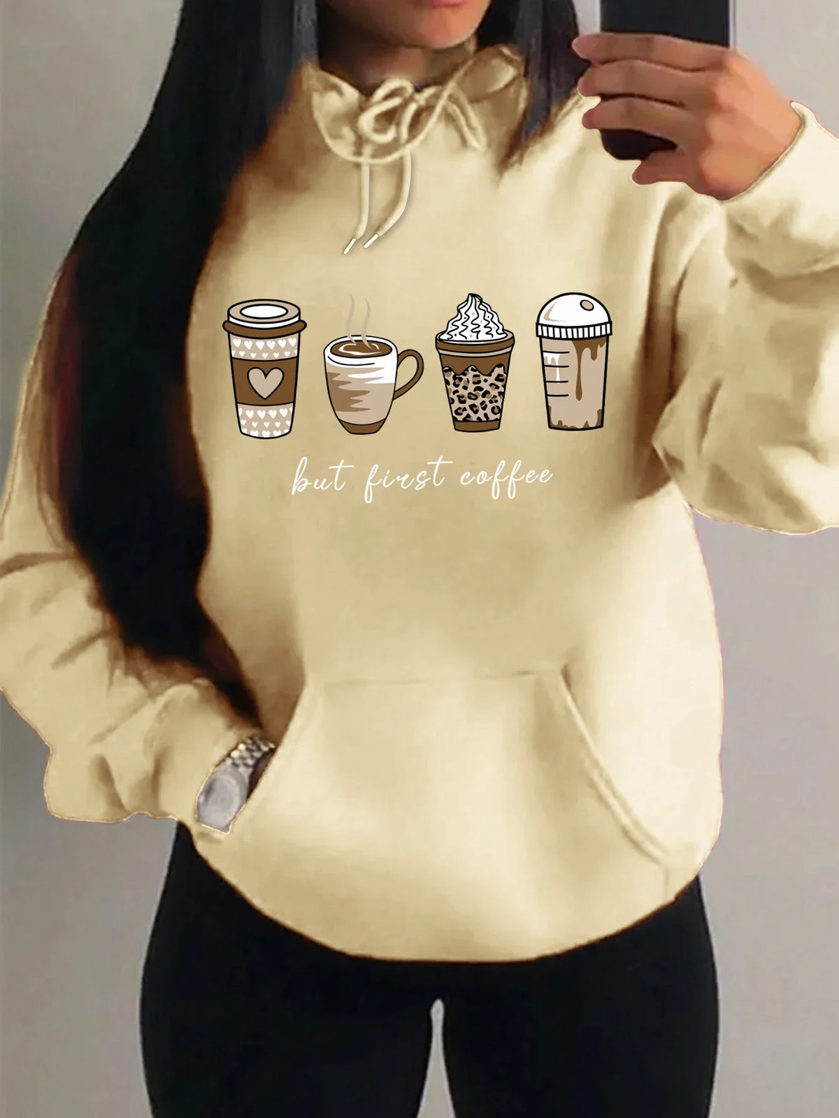 Women's hoodie with coffee cup print, hood, and kangaroo pocket