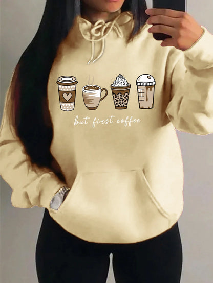 Women's hoodie with coffee cup print, hood, and kangaroo pocket
