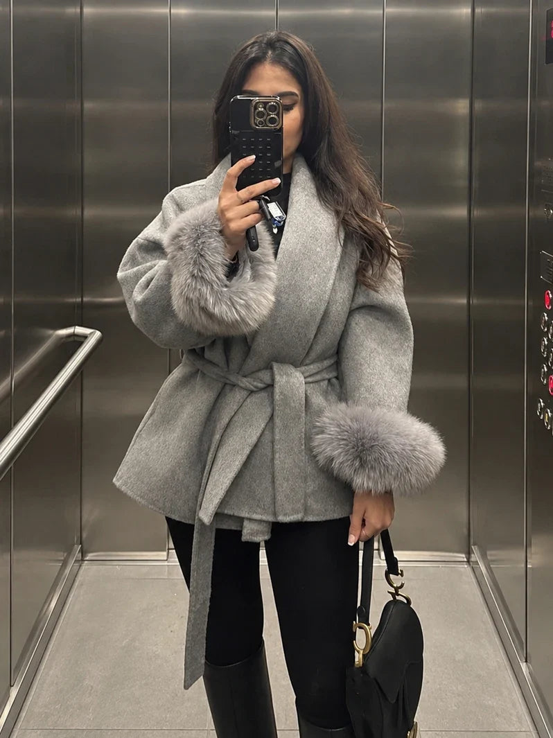 Short women's wrap coat with faux-fur sleeves and tie belt