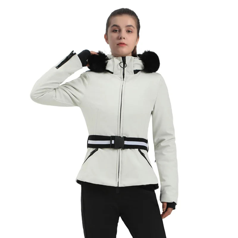 Women's ski jacket with check pattern and faux fur hood, belt, water-repellent