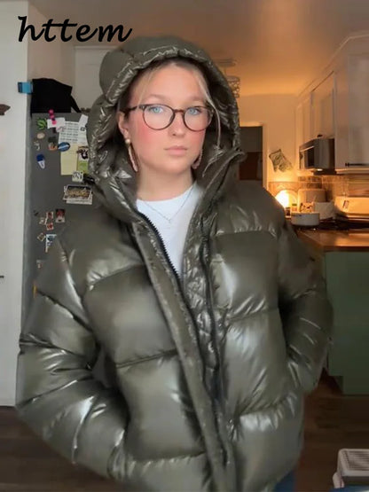 Women's shiny olive green quilted jacket with hood