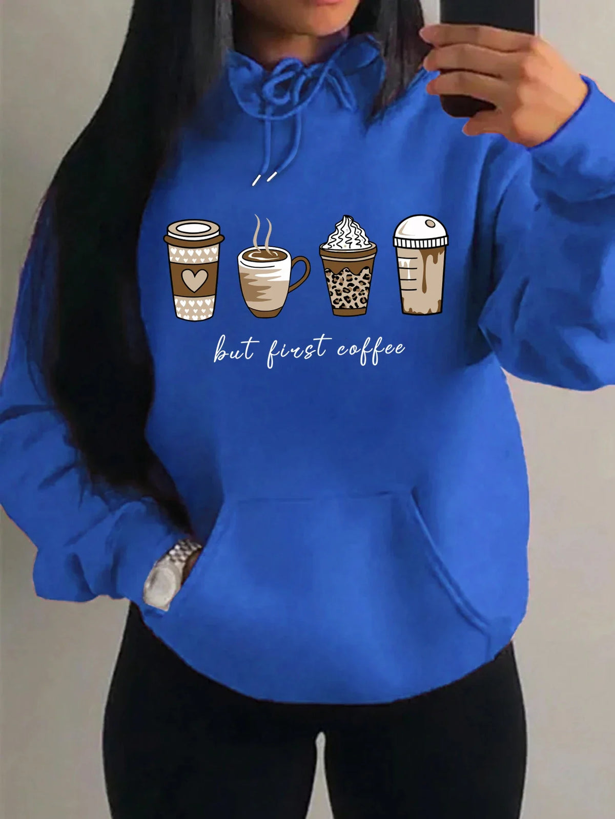Women's hoodie with coffee cup print, hood, and kangaroo pocket