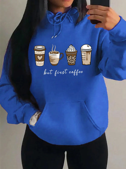 Women's hoodie with coffee cup print, hood, and kangaroo pocket