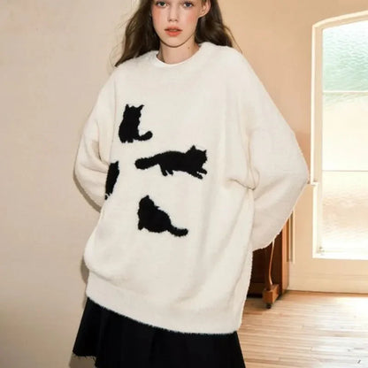 Unisex Pullover mit Katzenmotiv, Rundhals, oversized
