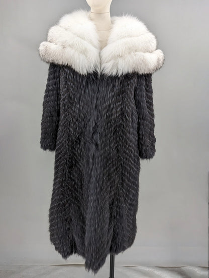 Long faux fur coat with large collar, multicolored stripes