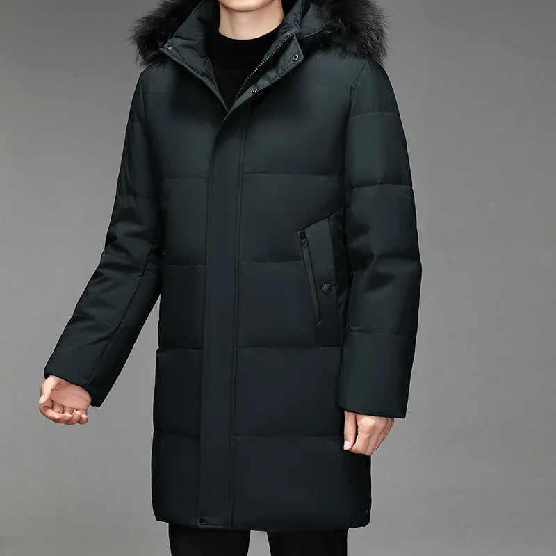 Herren Winter Daunenmantel mit Kapuze und Fellimitat-Besatz Lang Gesteppt