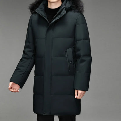 Herren Winter Daunenmantel mit Kapuze und Fellimitat-Besatz Lang Gesteppt