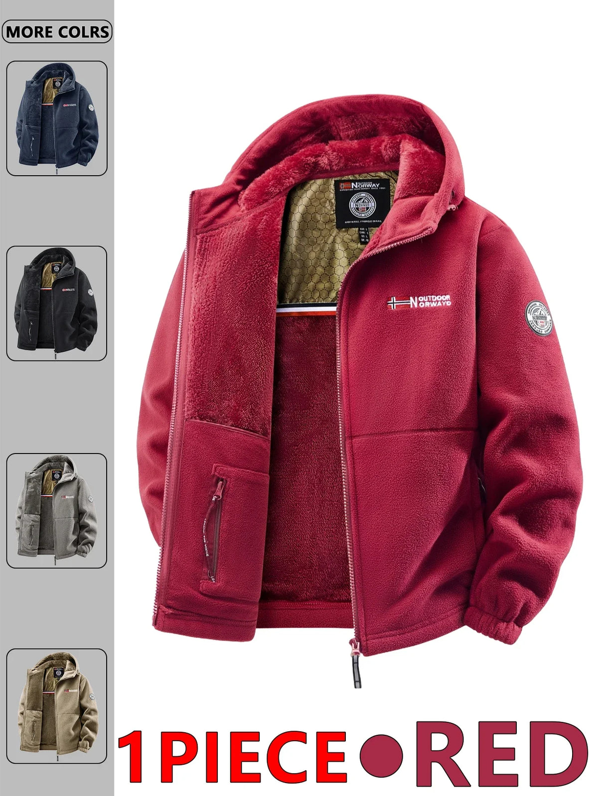 Men's fleece jacket with hood and zipper, lined, in various colors