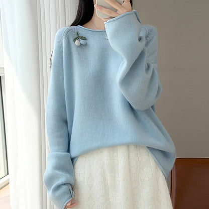 Women's Crew-Neck Long-Sleeve Sweater with Fruit Appliqué and Soft Knit