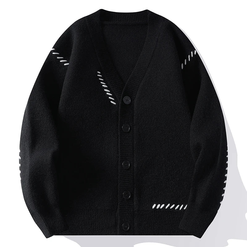 Unisex Strickjacke V-Ausschnitt Strick Cardigan mit Kontrastnähten Grün