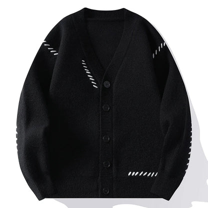 Unisex Strickjacke V-Ausschnitt Strick Cardigan mit Kontrastnähten Grün