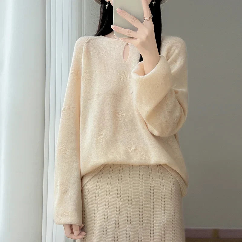 Damen Pullover Langarm Rundhals mit Cut-Out und Muster