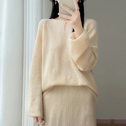Damen Pullover Langarm Rundhals mit Cut-Out und Muster
