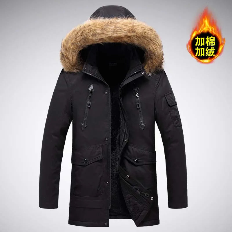 Men's parka winter jacket with fur hood and pockets, khaki