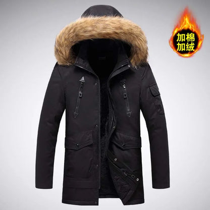 Men's parka winter jacket with fur hood and pockets, khaki