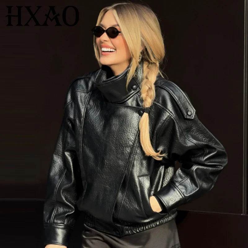 Women's faux leather bomber jacket with stand collar and asymmetrical closure