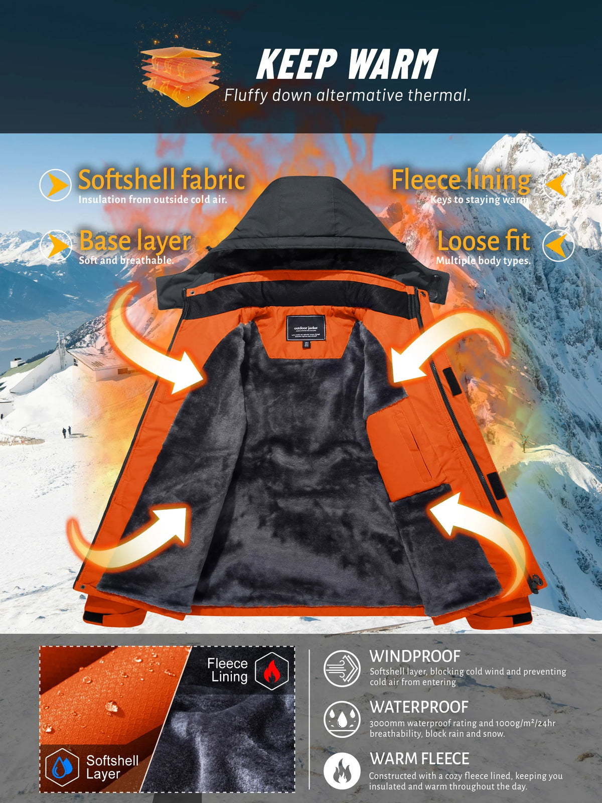 Herren Winterjacke Outdoor Skijacke mit Kapuze und Taschen Orange Grau