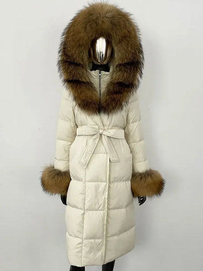Women's quilted winter down coat with faux fur trim and belt