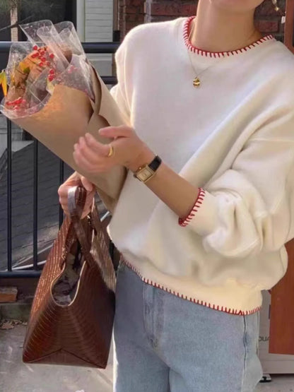 Women's Knit Sweater with Contrasting Trim - Crewneck Long-Sleeve