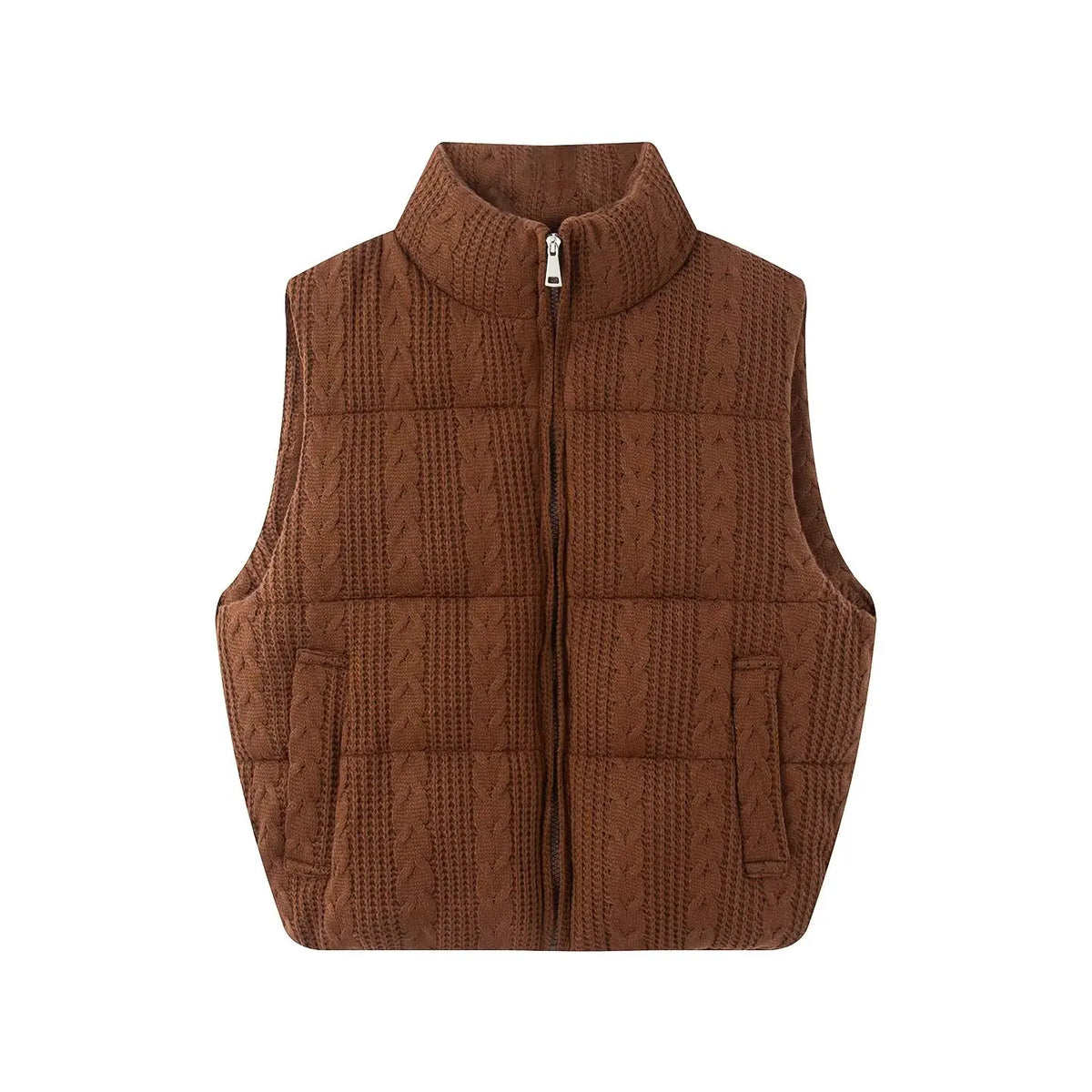 Quilted Knitted Vest for Women with Stand-Up Collar and Zipper
