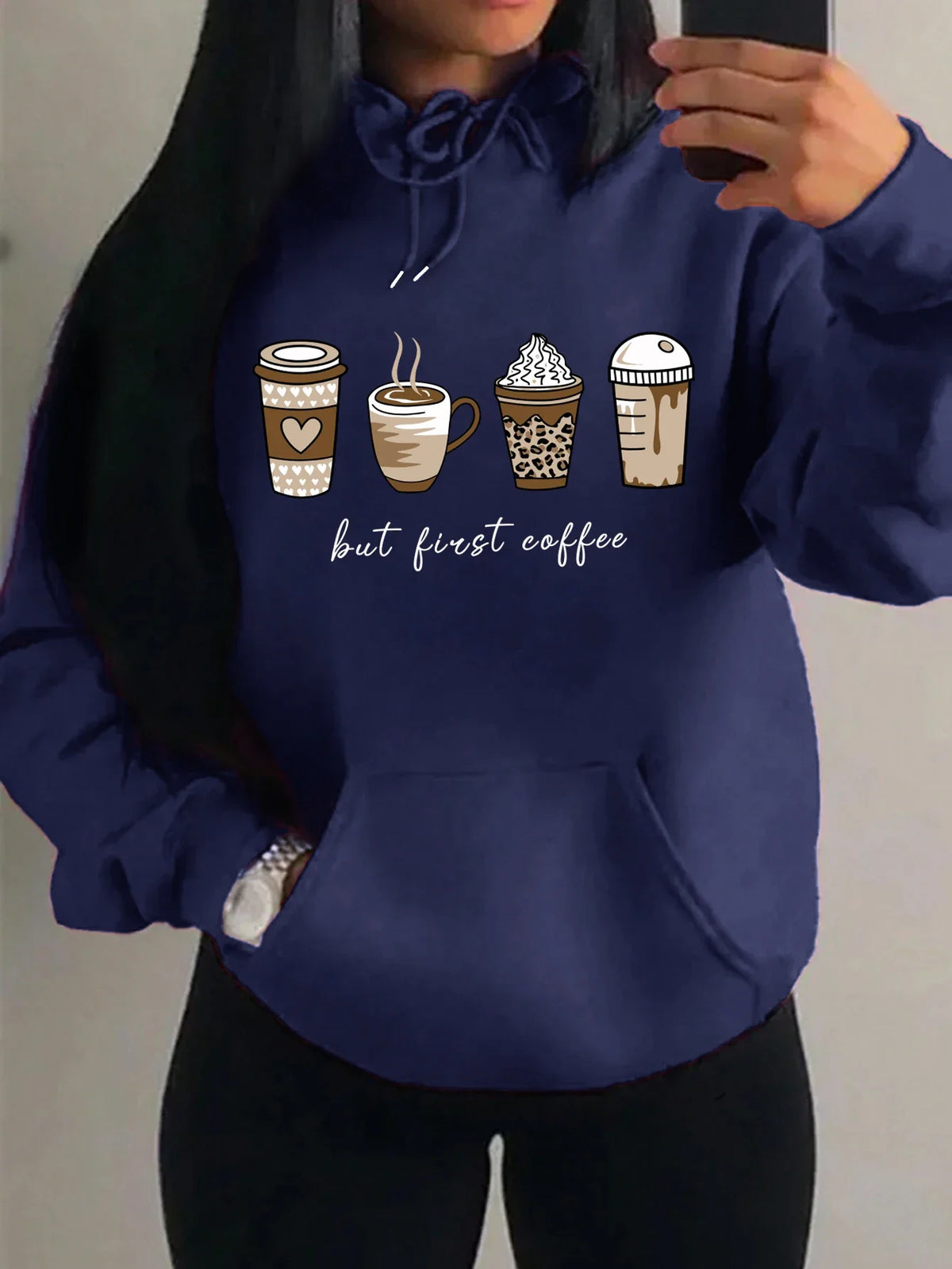 Women's hoodie with coffee cup print, hood, and kangaroo pocket