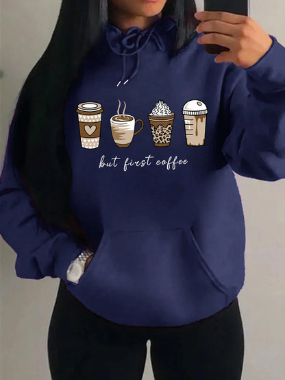 Women's hoodie with coffee cup print, hood, and kangaroo pocket