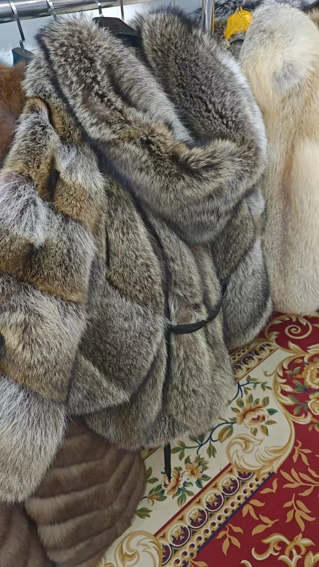Fur coat with hood and striped pattern, short winter coat
